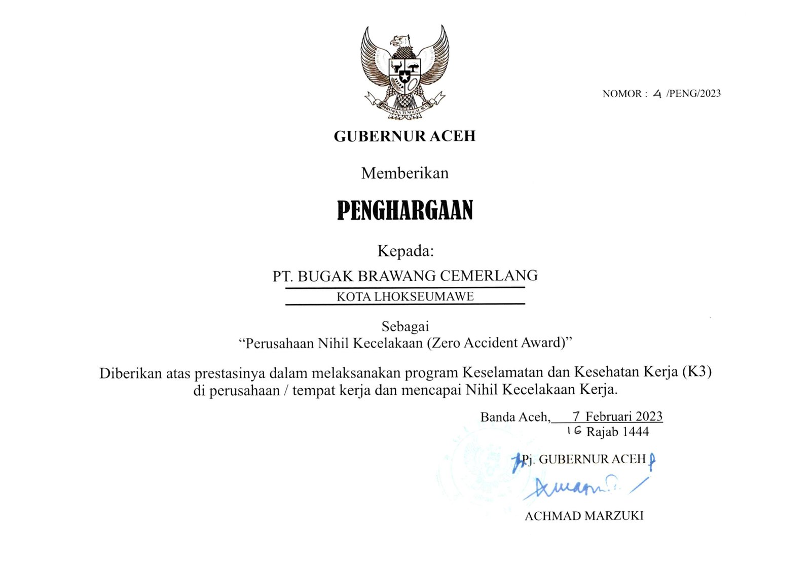Penghargaan Zero Accident 2023